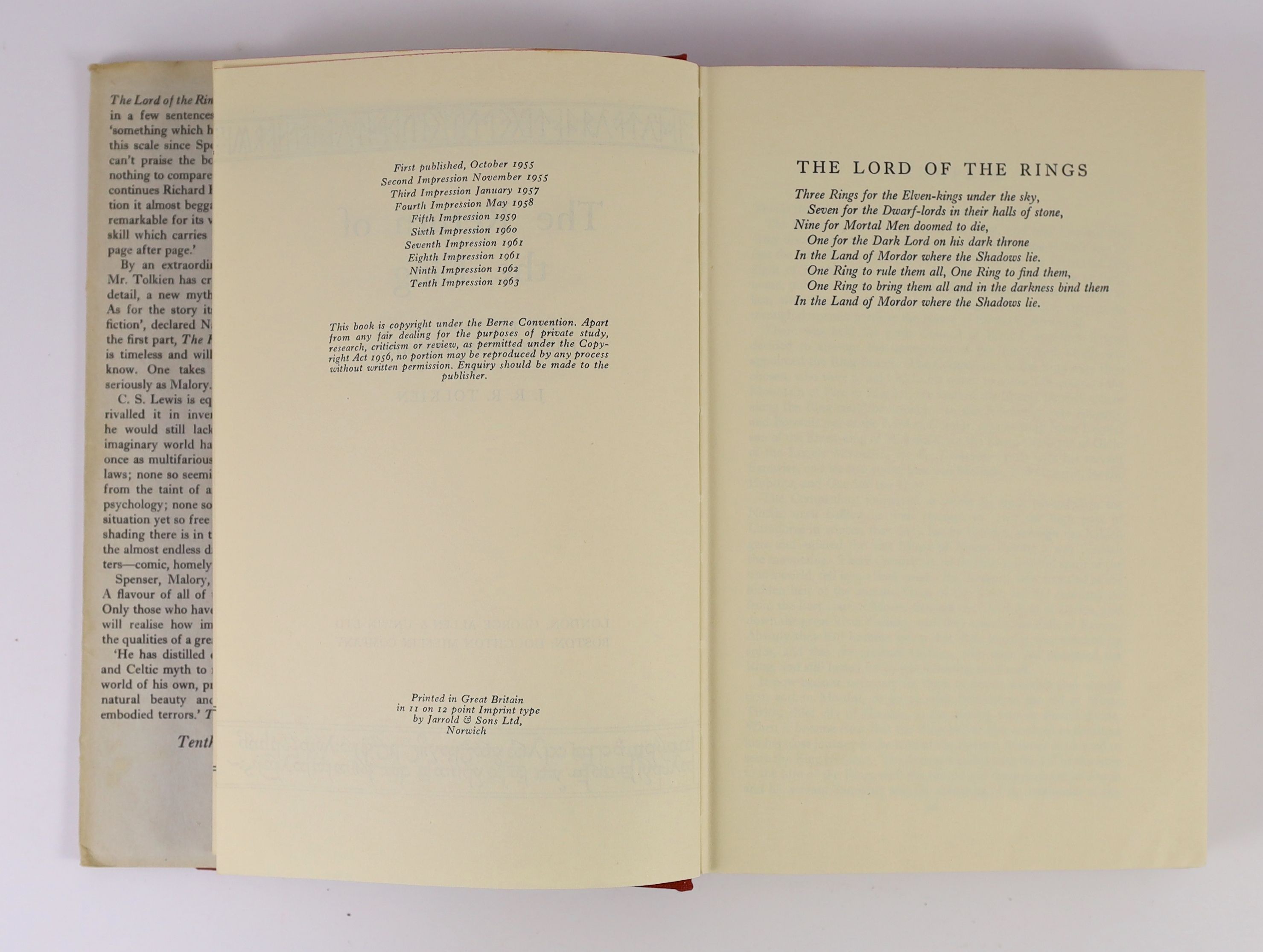 Tolkien, J.R.R - The Lord of the Rings, 3 vols, 8vo, all with d/j’s, 13th impression of Fellowship, 10th impressions of Towers and Return, London, George Allen and Unwin, London, 1963